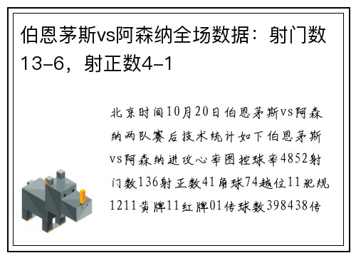 伯恩茅斯vs阿森纳全场数据：射门数13-6，射正数4-1