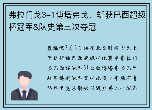 弗拉门戈3-1博塔弗戈，斩获巴西超级杯冠军&队史第三次夺冠