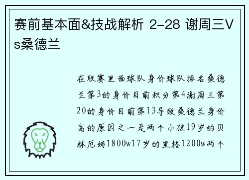 赛前基本面&技战解析 2-28 谢周三Vs桑德兰