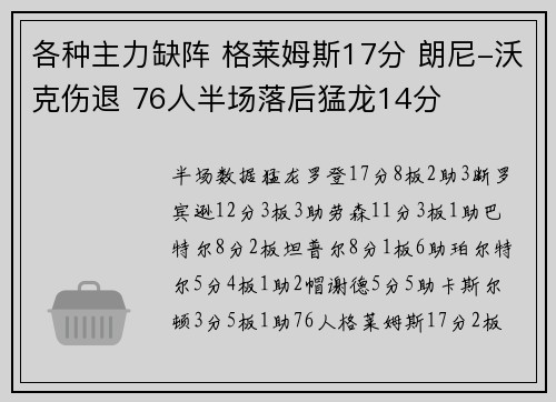 各种主力缺阵 格莱姆斯17分 朗尼-沃克伤退 76人半场落后猛龙14分